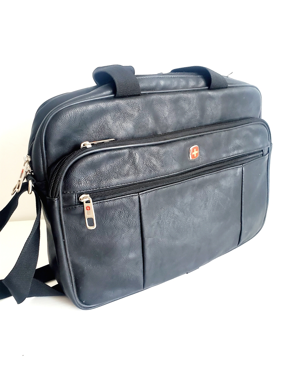 SwissGear Black Leather Laptop Shoulder Briefcase with Red Logo